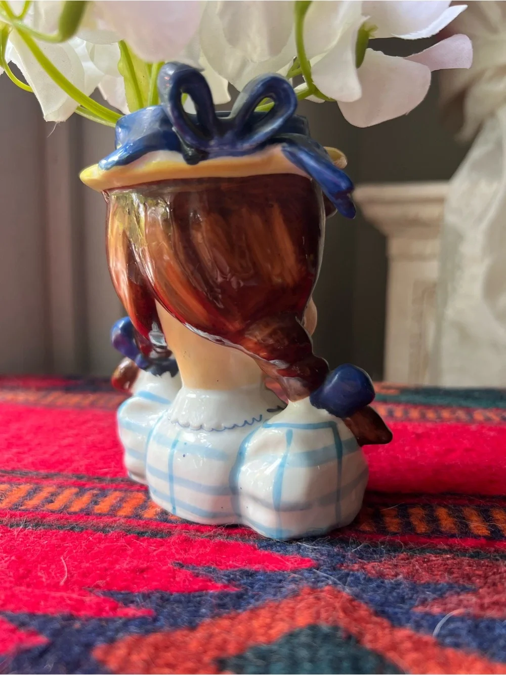 Vintage Ceramic Girl with Pigtails Head Vase in Blue, Checkered dress like new - Picture 4 of 14